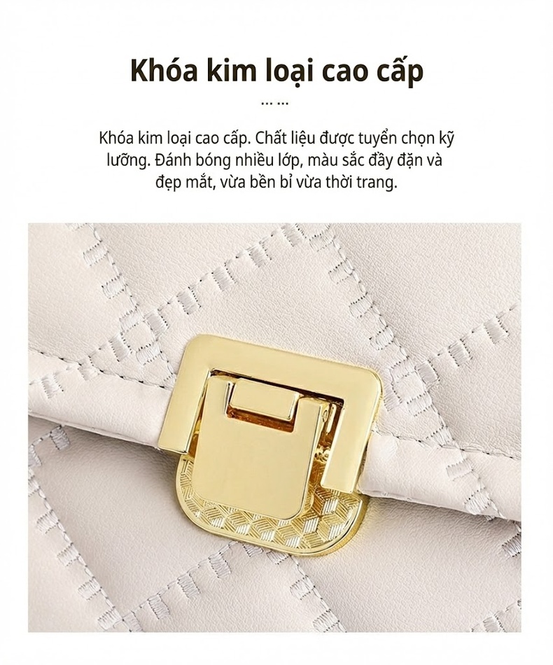 Túi Đeo Chéo Nữ Da Thật Họa Tiết Trám Dây Xích Phong Cách Tiểu Thư Màu Trắng chi tiết 8