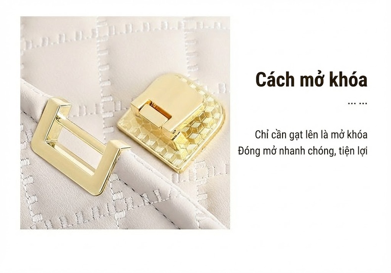 Túi Đeo Chéo Nữ Da Thật Họa Tiết Trám Dây Xích Phong Cách Tiểu Thư Màu Trắng chi tiết 9