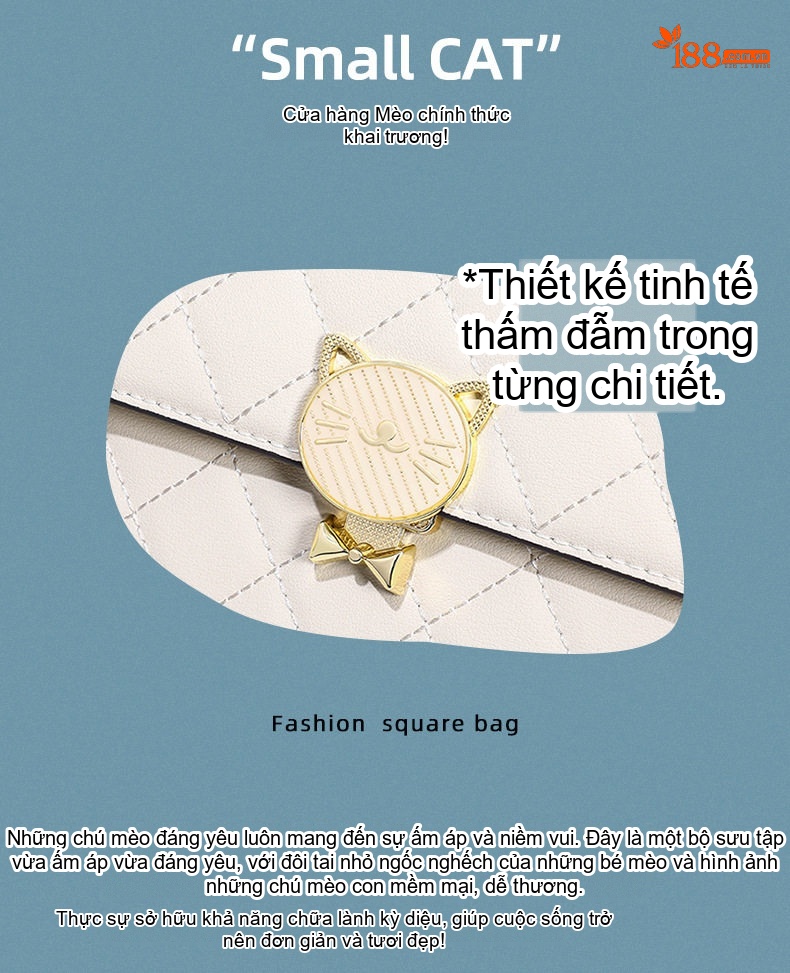 Túi Đeo Chéo Nữ Da Thật Họa Tiết Trám Khóa Hình Mèo Dây Xích Phong Cách Tiểu Thư Màu Trắng chi tiết 2