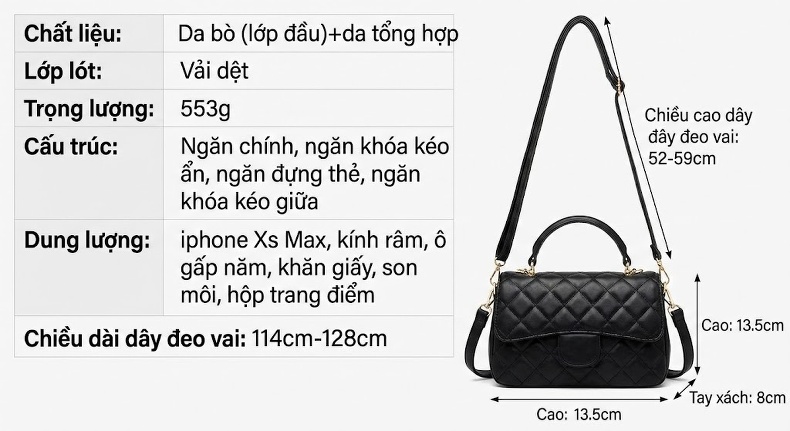 Túi Đeo Chéo Nữ Da Thật Họa Tiết Trám Ô, Túi Xách Tay Nữ Hình Hộp Màu Đen chi tiết 4