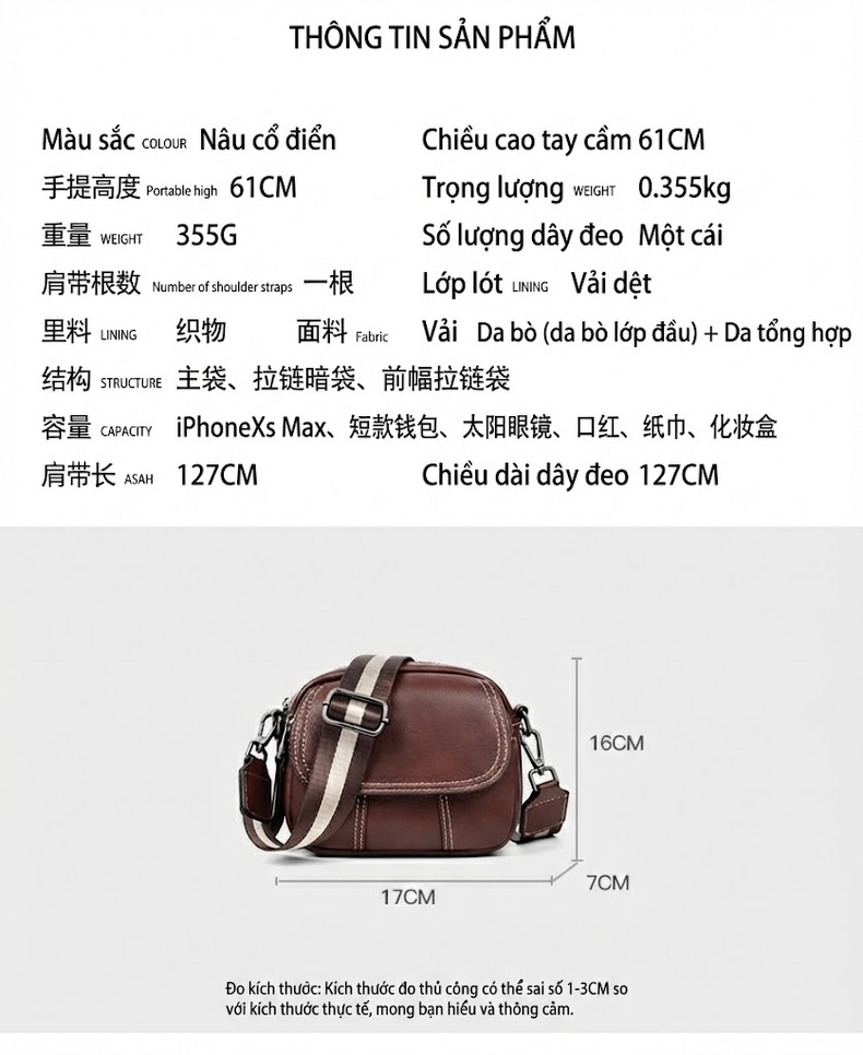 Túi Đeo Chéo Nữ Da Thật Kiểu Dáng Nhỏ Gọn Cao Cấp Màu Nâu chi tiết 2
