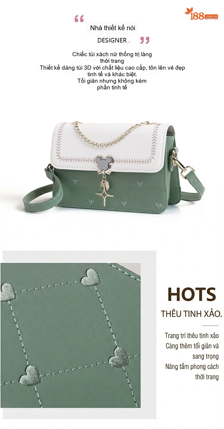 Túi Đeo Chéo Nữ Da Thật Kiểu Túi Kẹp Nách Mini Màu Trắng, Xanh Dương, Xanh Lá chi tiết 3