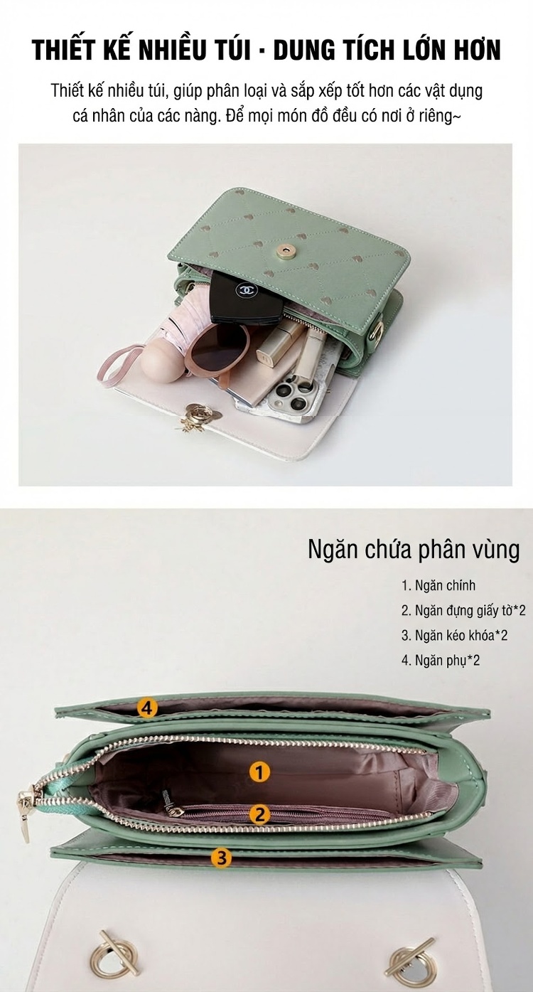 Túi Đeo Chéo Nữ Da Thật Kiểu Túi Kẹp Nách Mini Màu Trắng, Xanh Dương, Xanh Lá chi tiết 5