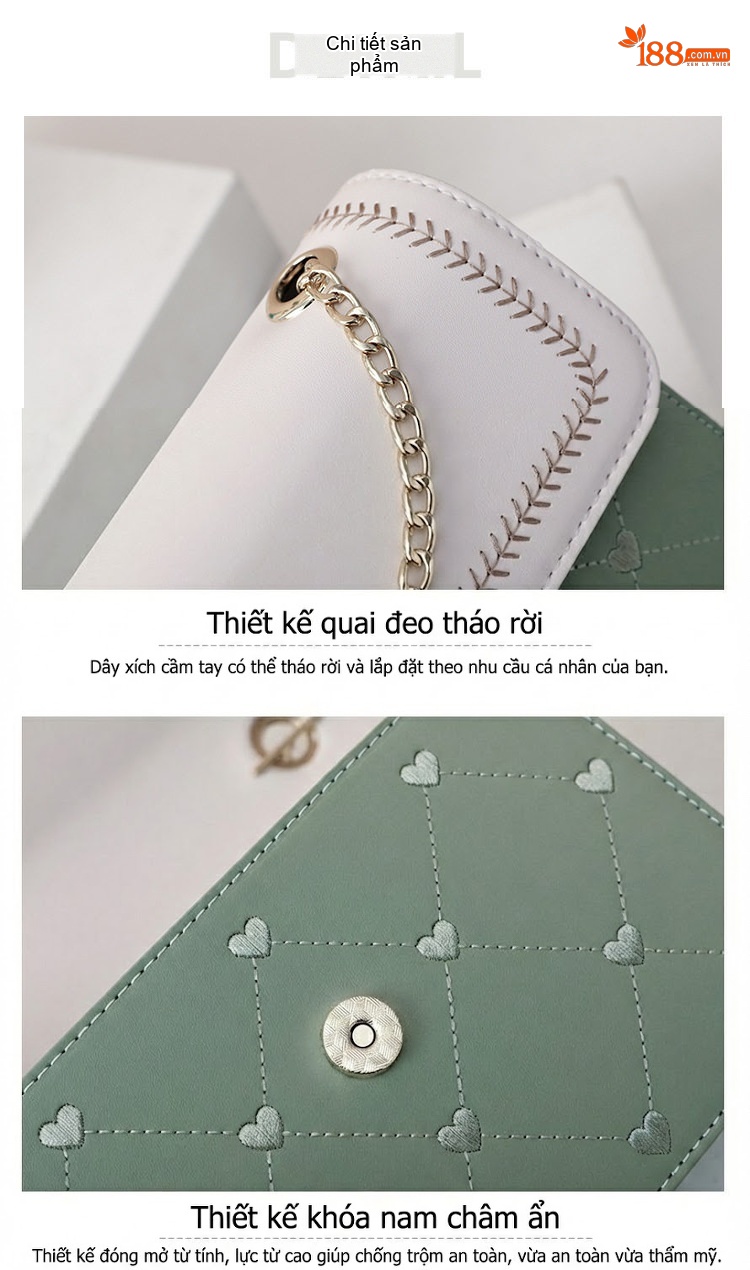Túi Đeo Chéo Nữ Da Thật Kiểu Túi Kẹp Nách Mini Màu Trắng, Xanh Dương, Xanh Lá chi tiết 12