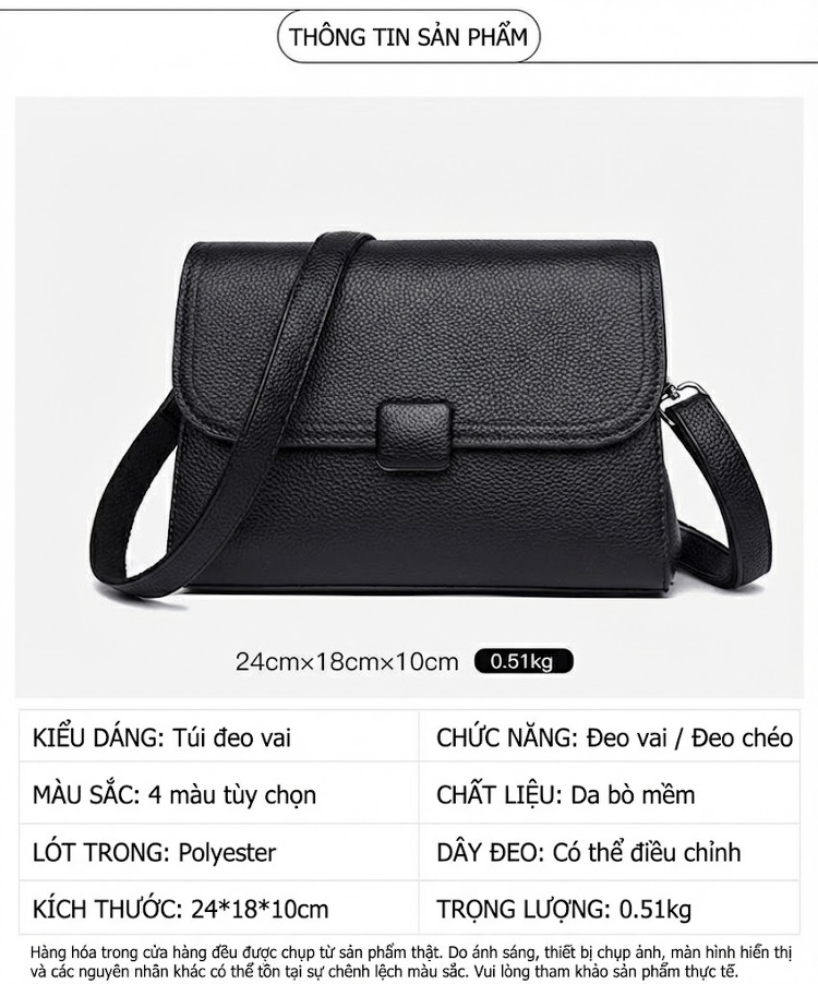 Túi Đeo Chéo Nữ Da Thật Mềm Mại Kiểu Dáng Vuông Nhỏ Nhiều Ngăn Phong Cách Tối Giản Màu Đen, Nâu chi tiết 2