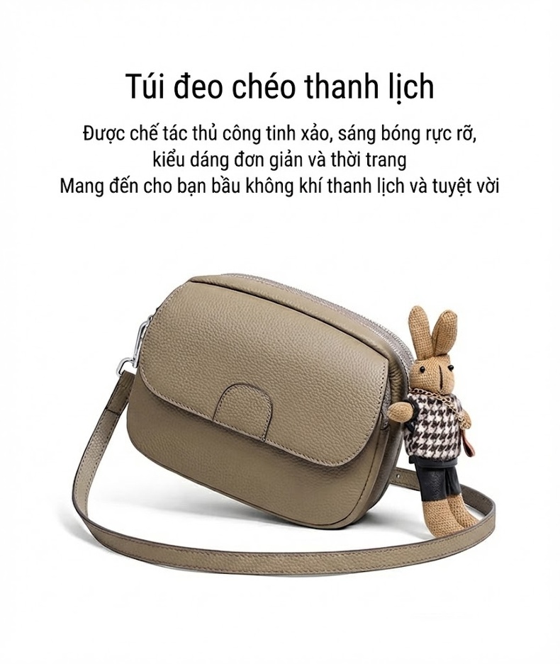 Túi Đeo Chéo Nữ Da Thật Mini Dáng Tròn Phong Cách Thanh Lịch Màu Be chi tiết 1