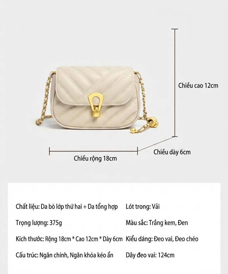 Túi Đeo Chéo Nữ Da Thật Mini Dây Xích Phong Cách Nhẹ Nhàng Màu Trắng Kem chi tiết 17