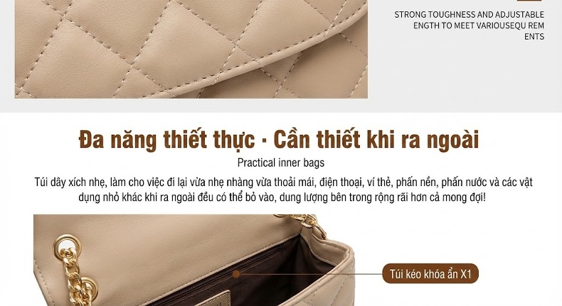 Túi Đeo Chéo Nữ Da Thật Mini Dây Xích Phong Cách Nhẹ Nhàng Màu Trắng Kem chi tiết 14