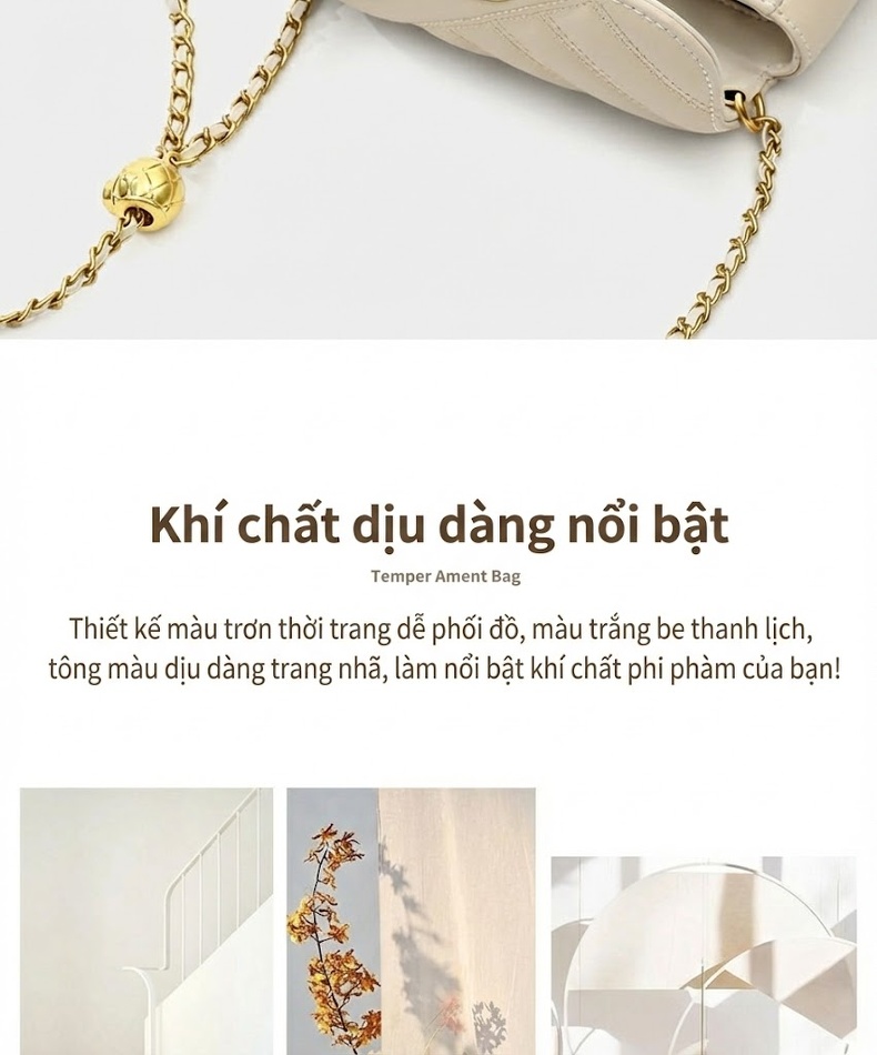 Túi Đeo Chéo Nữ Da Thật Mini Dây Xích Phong Cách Nhẹ Nhàng Màu Trắng Kem chi tiết 6