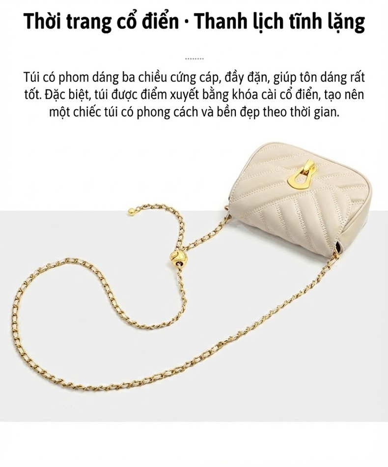 Túi Đeo Chéo Nữ Da Thật Mini Dây Xích Phong Cách Nhẹ Nhàng Màu Trắng Kem chi tiết 9