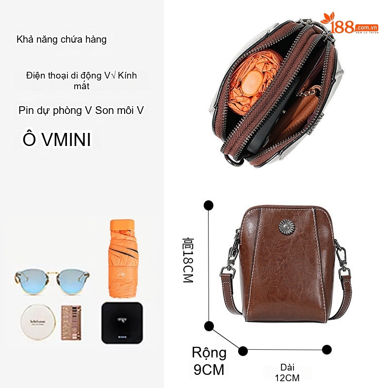 Túi Đeo Chéo Nữ Da Thật Mini Nhiều Ngăn Nhẹ Phong Cách Hàn Quốc Màu Nâu, Xanh Navy, Trắng, Đen...