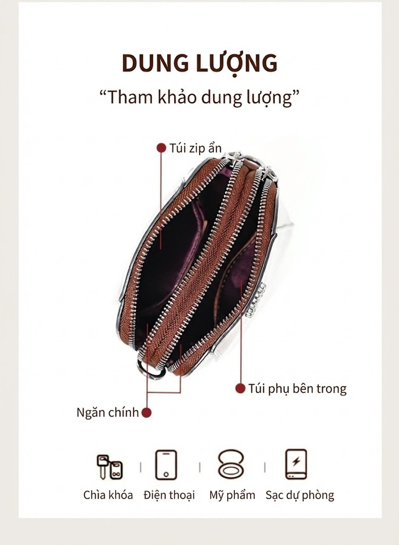 Túi Đeo Chéo Nữ Da Thật Mini Nhiều Ngăn Nhẹ Phong Cách Hàn Quốc Màu Nâu, Xanh Navy, Trắng, Đen... chi tiết 5