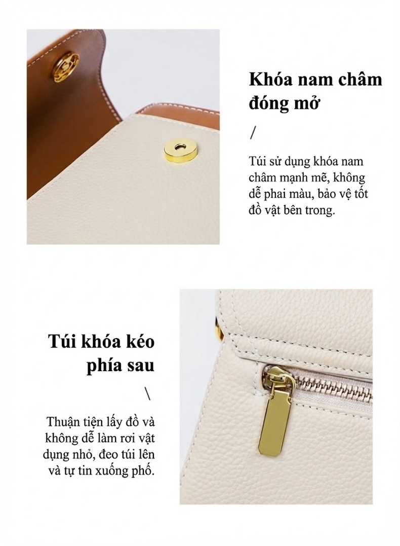 Túi Đeo Chéo Nữ Da Thật Mini Nhỏ Gọn Đeo Vai Xách Tay Màu Nâu, Be chi tiết 10