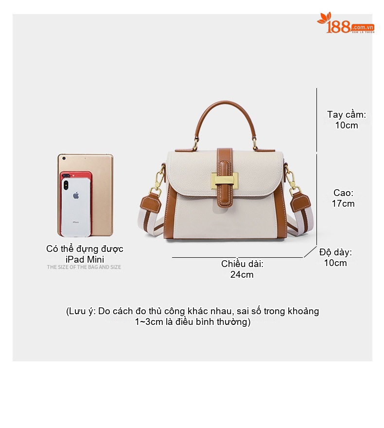 Túi Đeo Chéo Nữ Da Thật Mini Nhỏ Gọn Đeo Vai Xách Tay Màu Nâu, Be chi tiết 13
