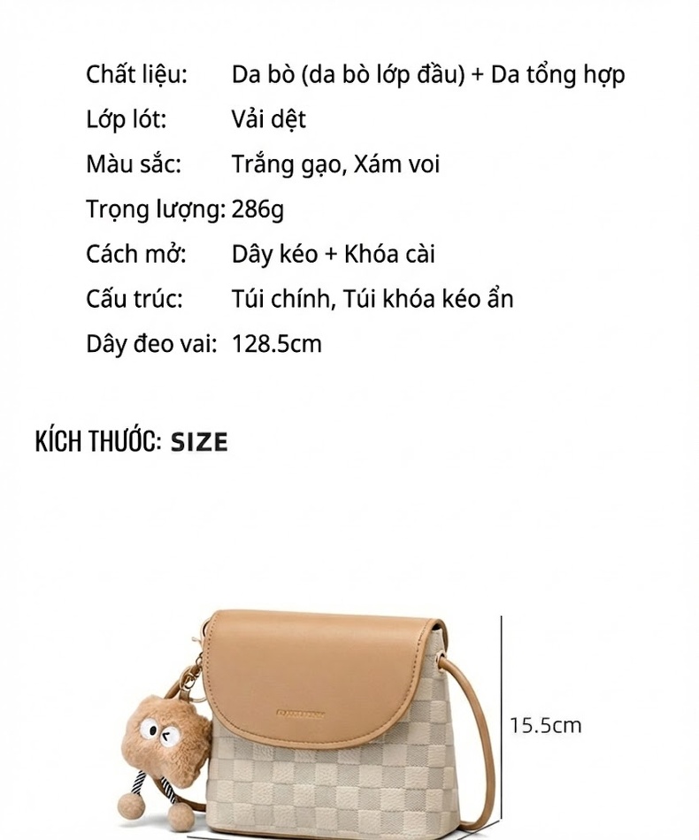 Túi Đeo Chéo Nữ Da Thật Mini Phom Vuông Màu Be, Nâu chi tiết 4