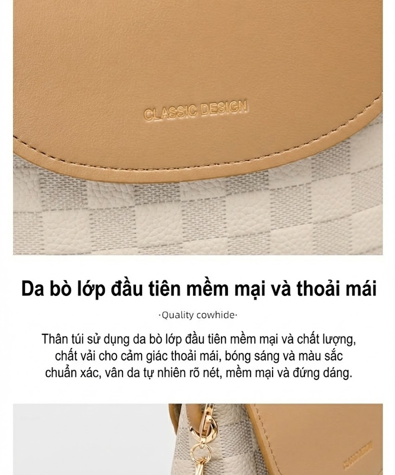 Túi Đeo Chéo Nữ Da Thật Mini Phom Vuông Màu Be, Nâu chi tiết 12