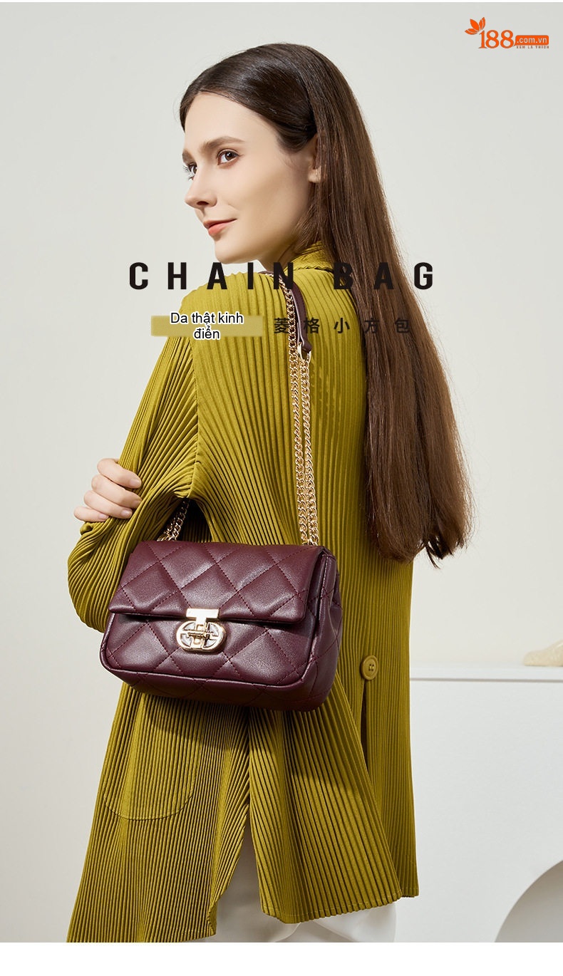 Túi Đeo Chéo Nữ Da Thật Mini Quả Trám Dây Xích Màu Đen, Đỏ Rượu chi tiết 1