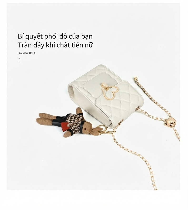 Túi Đeo Chéo Nữ Da Thật Mini Thiết Kế Hình Hộp Phối Dây Xích Màu Trắng chi tiết 3