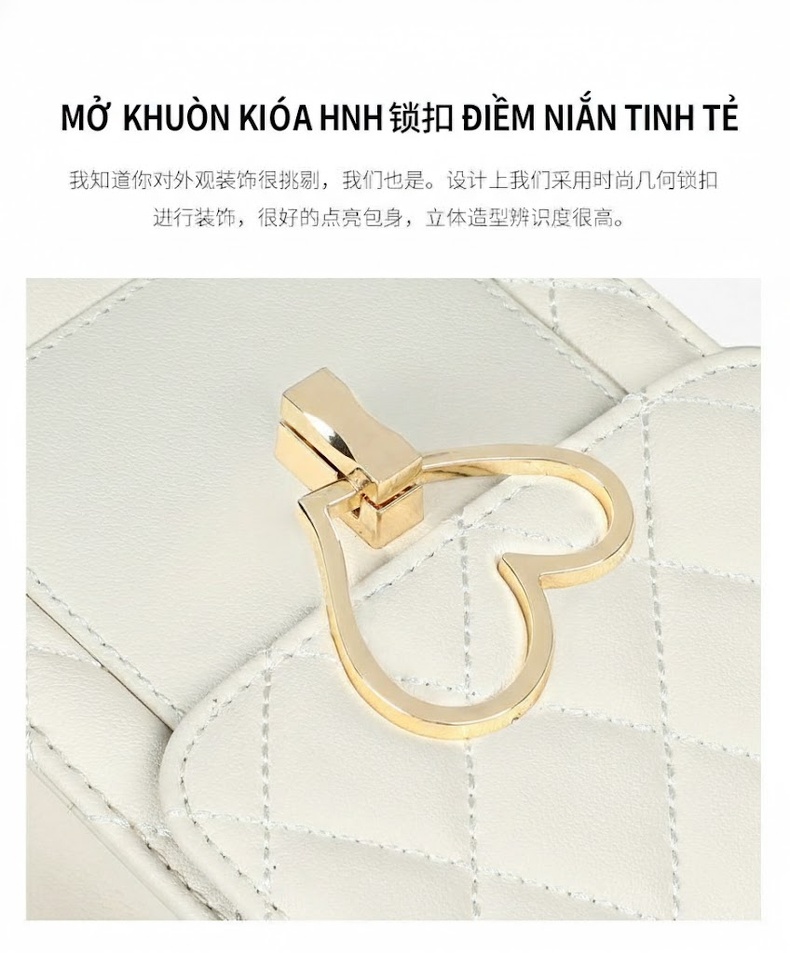 Túi Đeo Chéo Nữ Da Thật Mini Thiết Kế Hình Hộp Phối Dây Xích Màu Trắng chi tiết 6