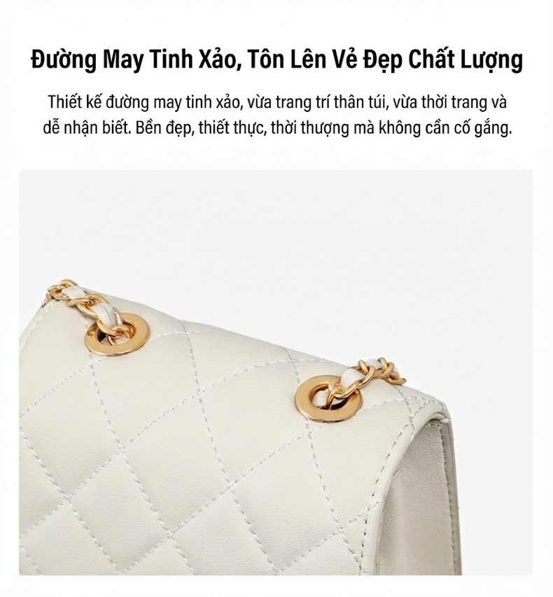 Túi Đeo Chéo Nữ Da Thật Mini Thiết Kế Hình Hộp Phối Dây Xích Màu Trắng chi tiết 8