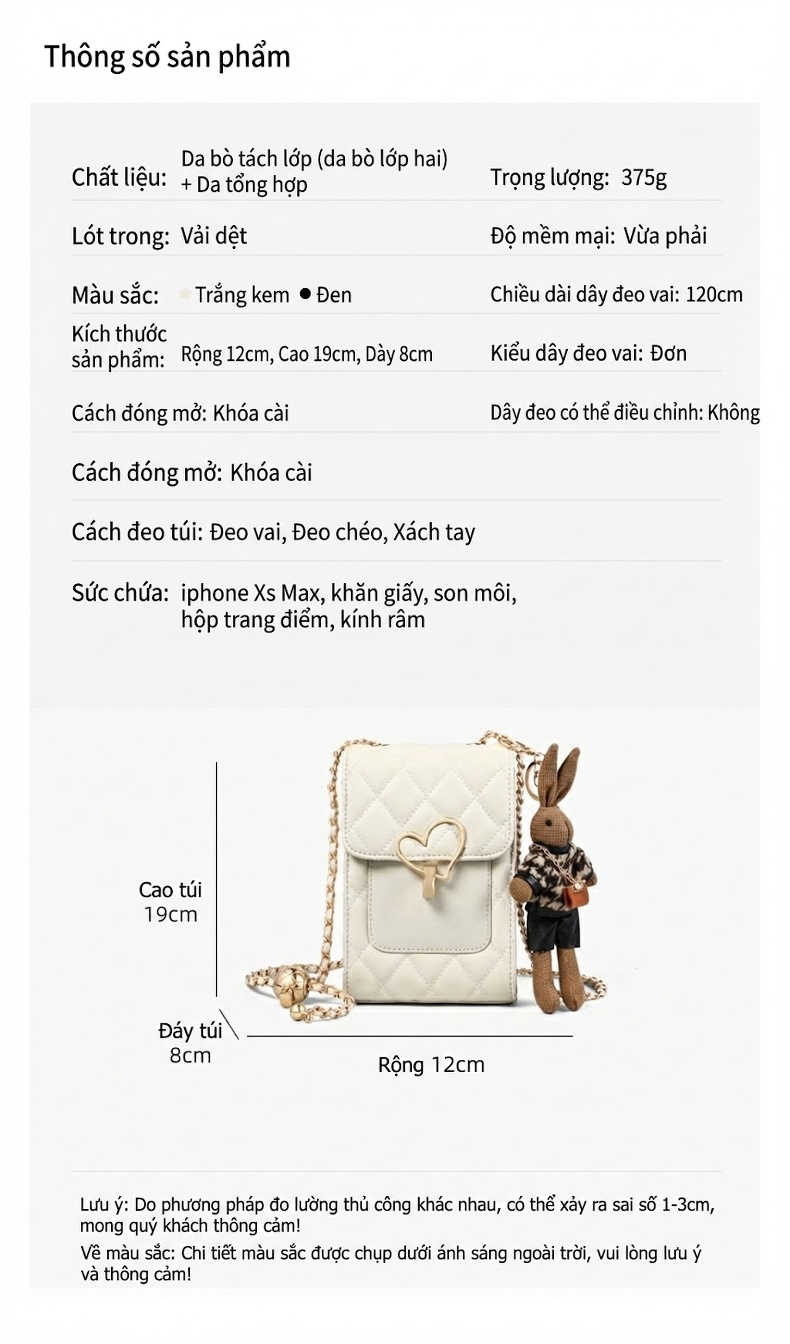 Túi Đeo Chéo Nữ Da Thật Mini Thiết Kế Hình Hộp Phối Dây Xích Màu Trắng chi tiết 13