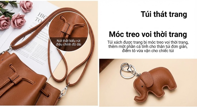 Túi Đeo Chéo Nữ Da Thật Mini Thiết Kế Tinh Tế Màu Nâu, Đen, Kem chi tiết 4