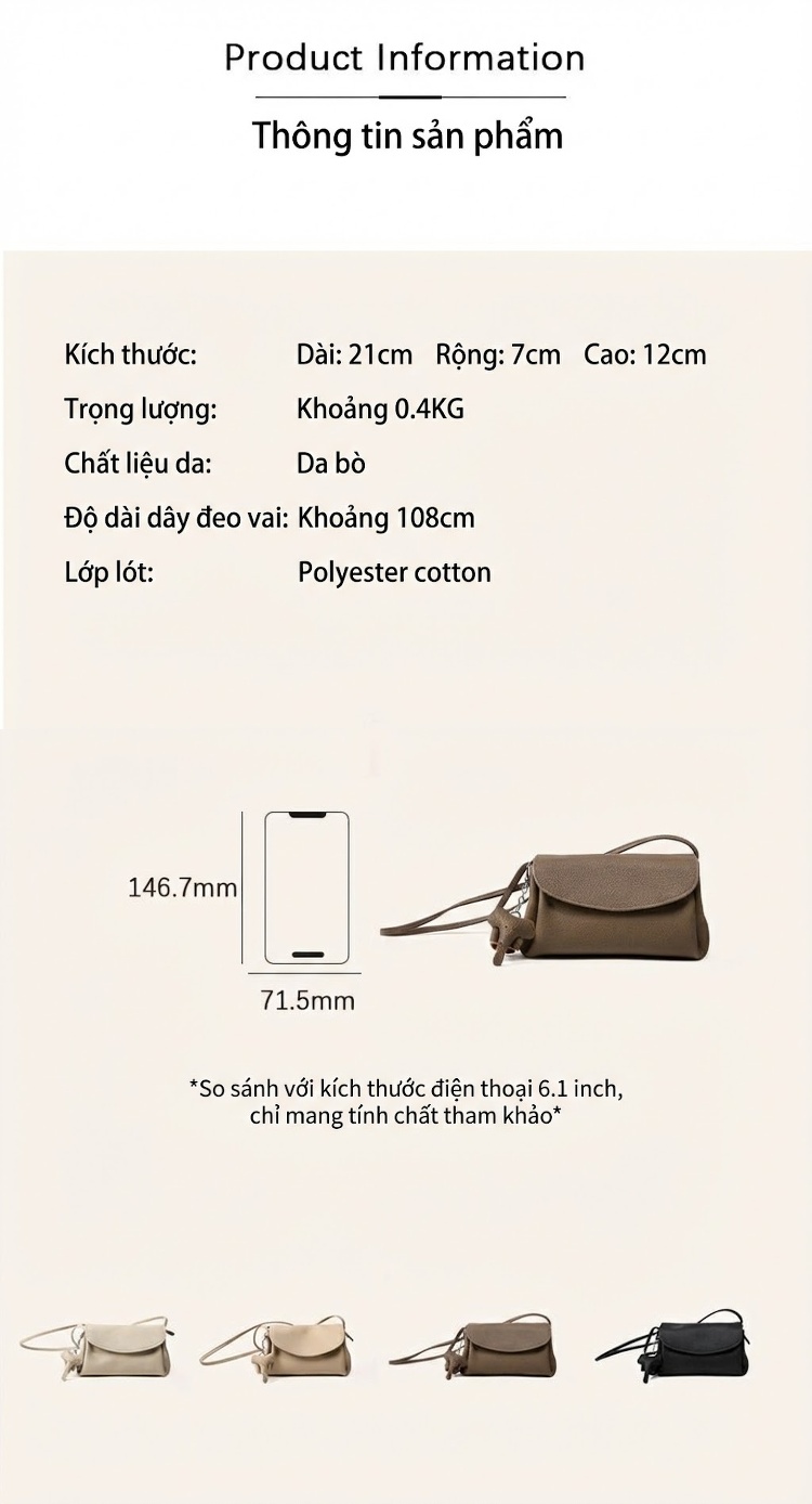 Túi Đeo Chéo Nữ Da Thật Mini Thiết Kế Tinh Tế Màu Nâu, Đen, Kem chi tiết 6