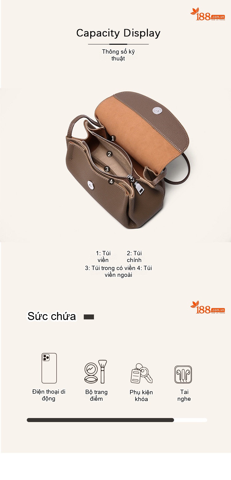 Túi Đeo Chéo Nữ Da Thật Mini Thiết Kế Tinh Tế Màu Nâu, Đen, Kem chi tiết 7