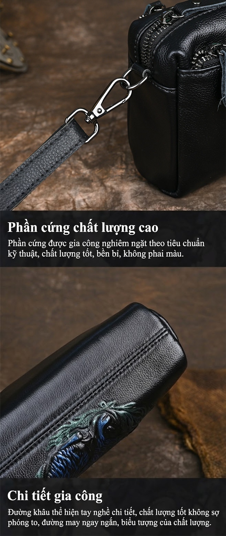 Túi Đeo Chéo Nữ Da Thật Nhiều Ngăn Đựng Điện Thoại Hình Thỏ Màu Đen chi tiết 11