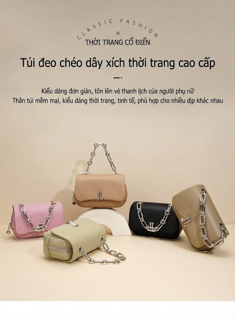 Túi Đeo Chéo Nữ Da Thật Quai Xích Phong Cách Tối Giản Màu Nâu, Xanh Lá, Tím, Kem chi tiết 2