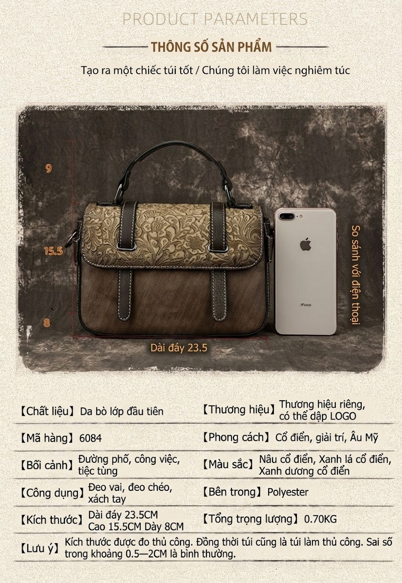 Túi Đeo Chéo Nữ Da Thật Retro Phong Cách Âu Mỹ Màu Đen, Nâu, Xanh Lá, Tím... chi tiết 4
