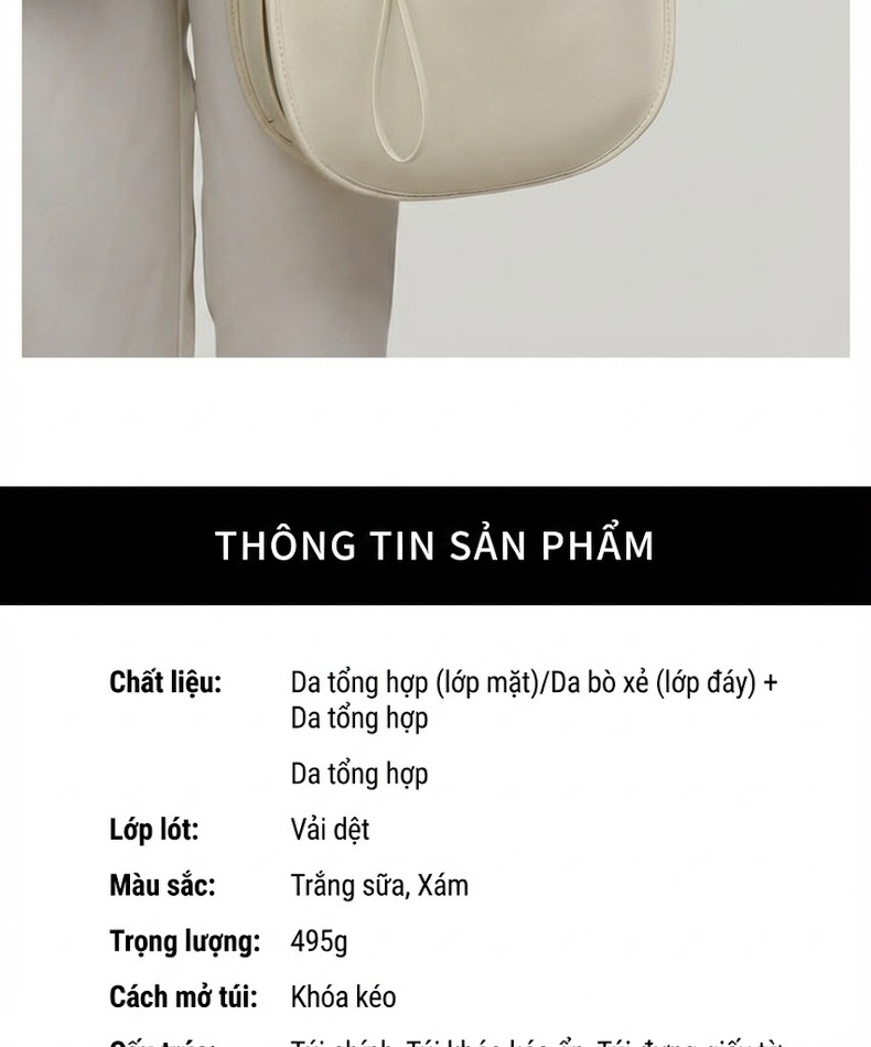 Túi Đeo Chéo Nữ Da Thật Sức Chứa Lớn Đeo Vai Nách Phong Cách Thanh Lịch Màu Trắng Kem chi tiết 5