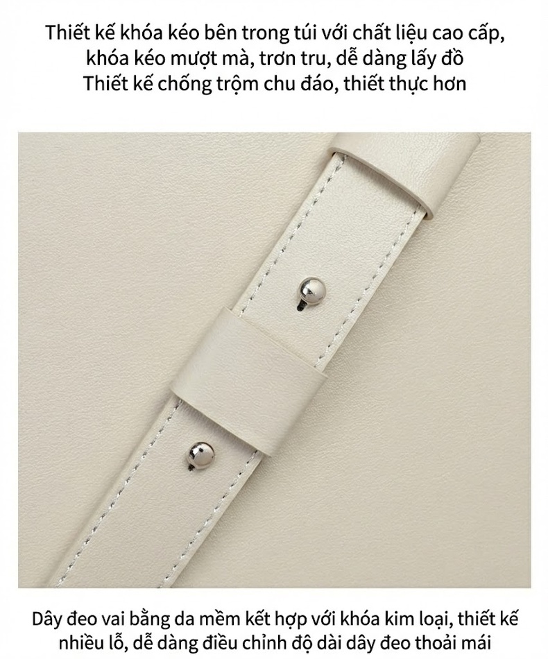Túi Đeo Chéo Nữ Da Thật Sức Chứa Lớn Đeo Vai Nách Phong Cách Thanh Lịch Màu Trắng Kem chi tiết 14