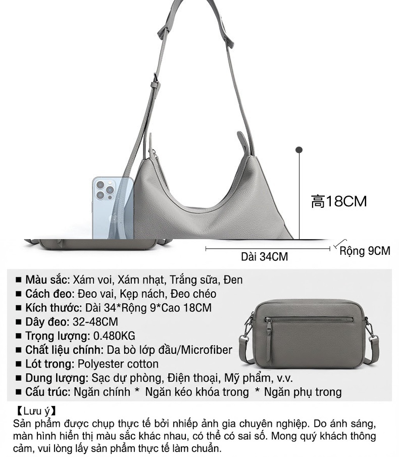 Túi Đeo Chéo Nữ Da Thật Sức Chứa Lớn Phong Cách Hàn Quốc Màu Xám chi tiết 8