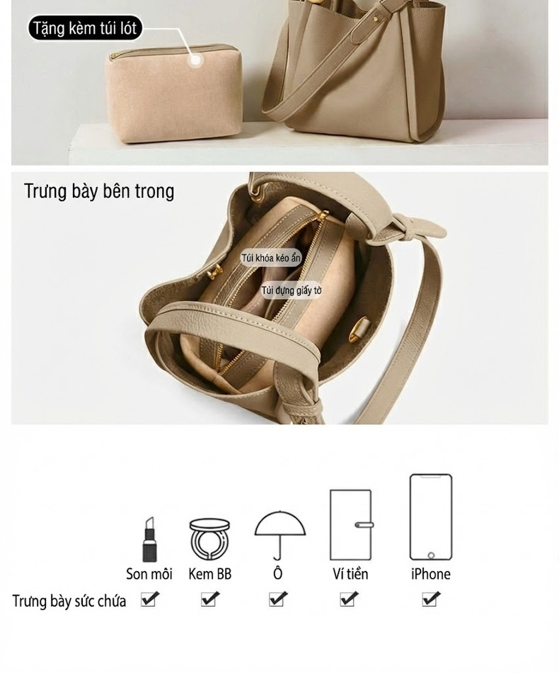 Túi Đeo Chéo Nữ Da Thật Thiết Kế Bucket Xách Tay chi tiết 6