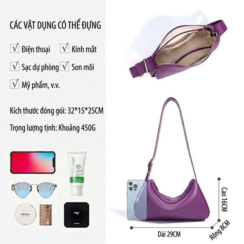 Túi Đeo Chéo Nữ Da Thật Thiết Kế Tối Giản Cao Cấp Màu Tím, Nude