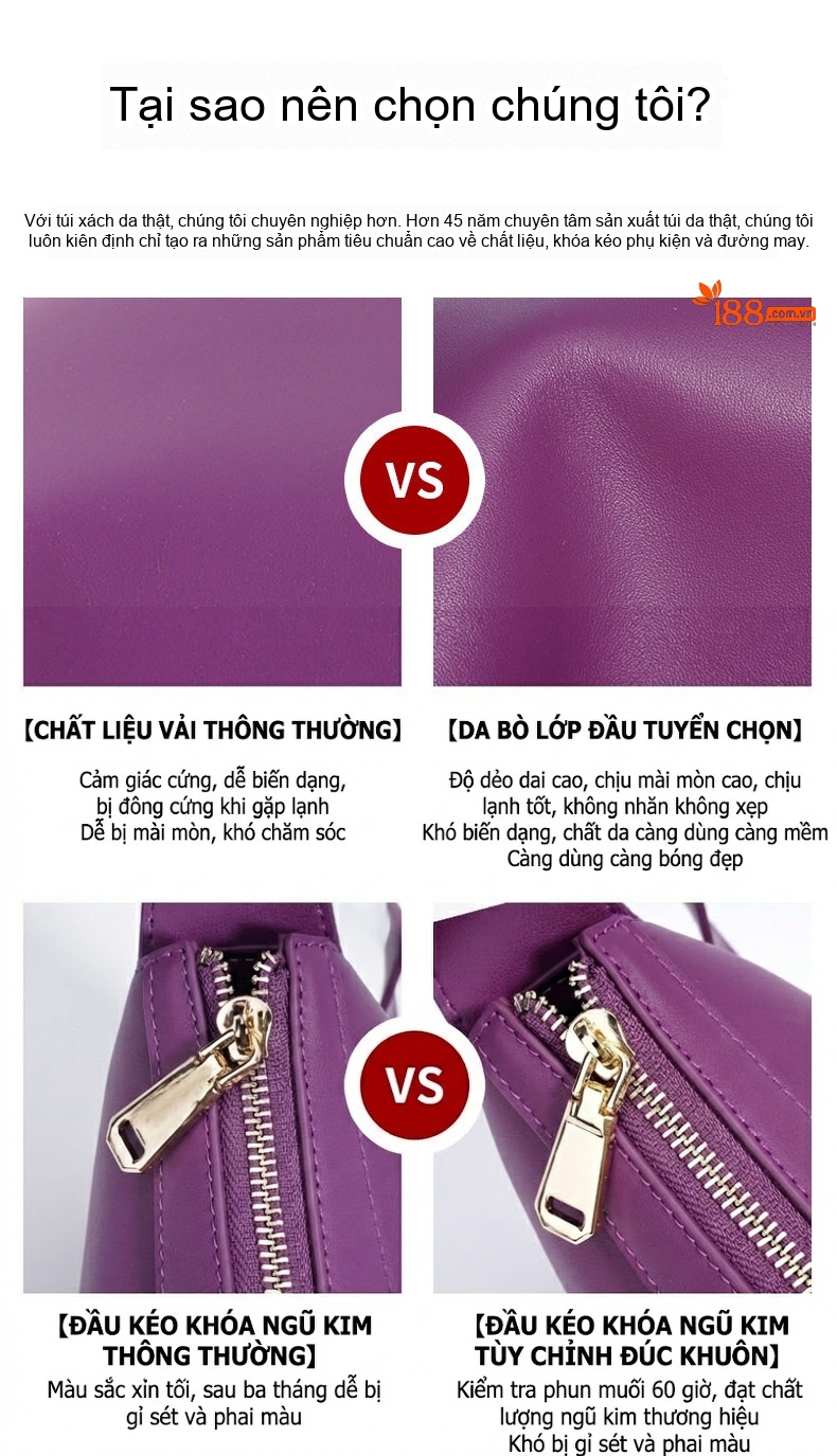 Túi Đeo Chéo Nữ Da Thật Thiết Kế Tối Giản Cao Cấp Màu Tím, Nude chi tiết 3