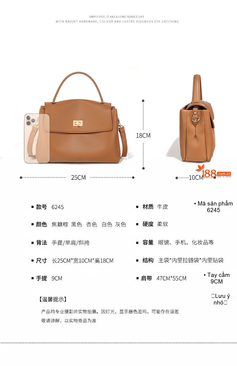 Túi Đeo Chéo Nữ Da Thật Thiết Kế Vintage Thời Trang Màu Đen, Nâu chi tiết 6