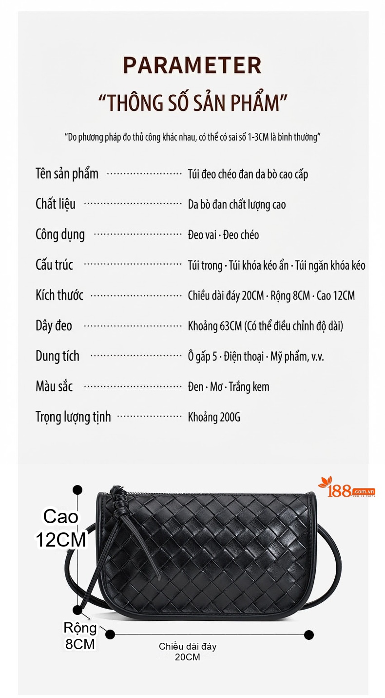 Túi Đeo Chéo Nữ Da Thật Thời Trang Nhỏ Gọn Màu Đen, Trắng, Kem chi tiết 3