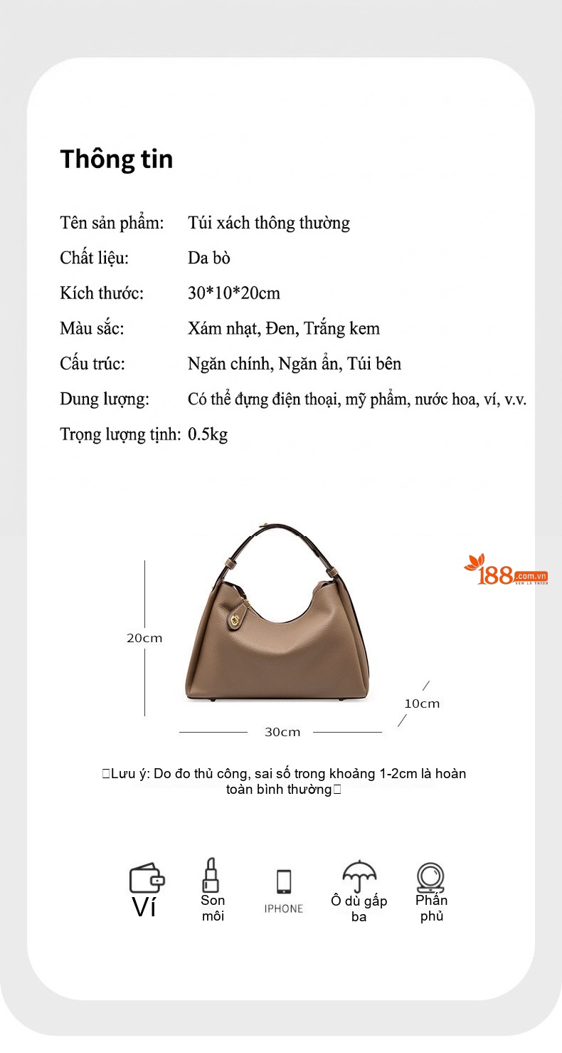 Túi Đeo Chéo Nữ Da Thật Thời Trang Túi Đeo Vai Nữ Túi Kẹp Nách Màu Nâu, Đen, Kem chi tiết 4