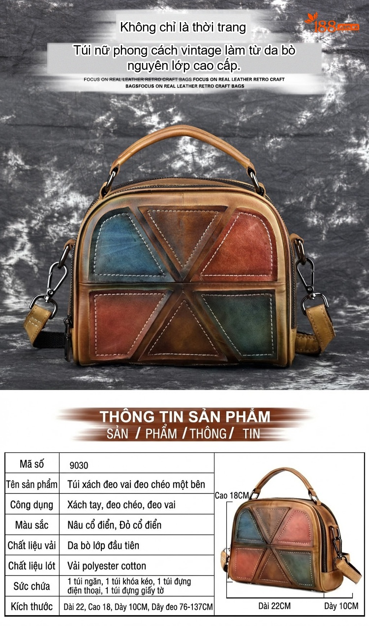 Túi Đeo Chéo Nữ Da Thật Thủ Công Màu Nâu, Đỏ, Xanh Dương chi tiết 1
