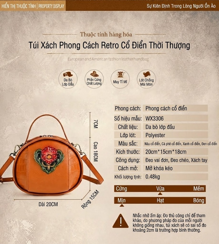 Túi Đeo Chéo Nữ Da Thật Thủ Công Vẽ Hoa Vintage Cao Cấp Màu Nâu, Xanh Lá, Đen, Cam chi tiết 1