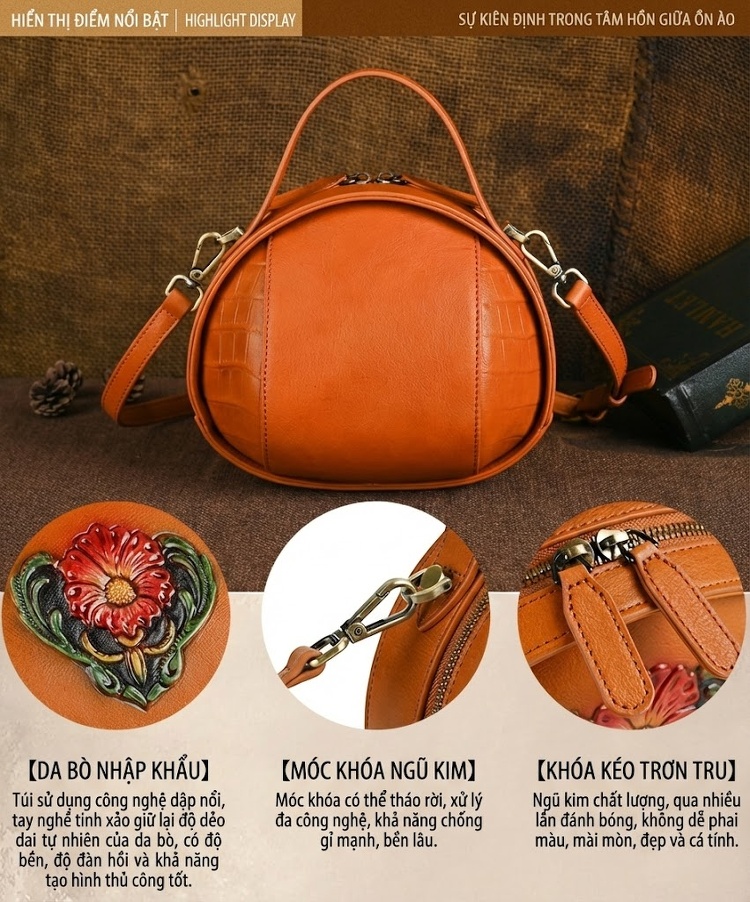 Túi Đeo Chéo Nữ Da Thật Thủ Công Vẽ Hoa Vintage Cao Cấp Màu Nâu, Xanh Lá, Đen, Cam chi tiết 2