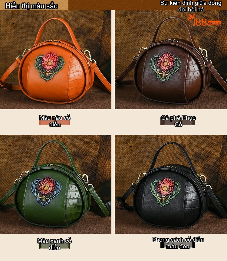 Túi Đeo Chéo Nữ Da Thật Thủ Công Vẽ Hoa Vintage Cao Cấp Màu Nâu, Xanh Lá, Đen, Cam chi tiết 3