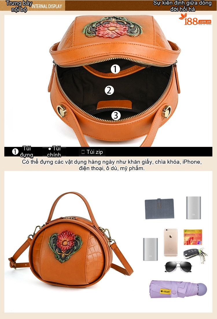 Túi Đeo Chéo Nữ Da Thật Thủ Công Vẽ Hoa Vintage Cao Cấp Màu Nâu, Xanh Lá, Đen, Cam chi tiết 12