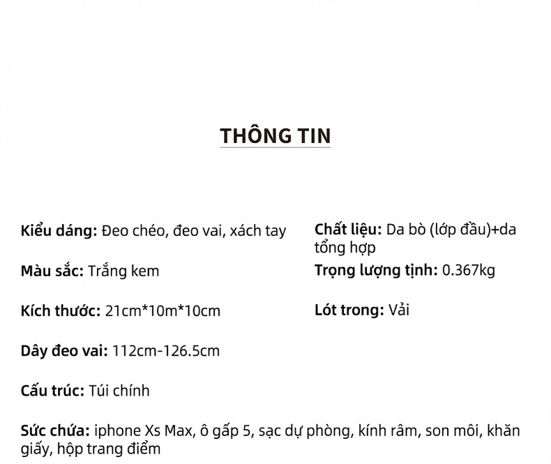 Túi Đeo Chéo Nữ Da Thật Túi Kẹp Nách Đeo Vai Phong Cách Thanh Lịch Màu Trắng Kem chi tiết 13