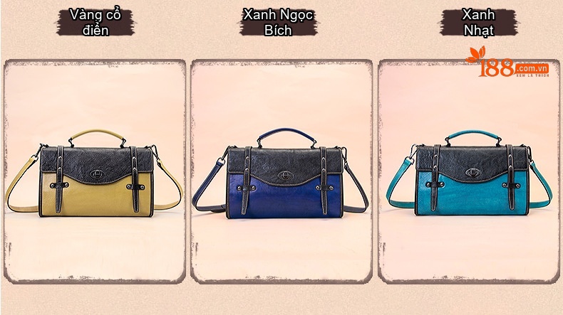 Túi Đeo Chéo Nữ Da Thật Vintage Form Hộp Lớn Đựng Vừa A4 Màu Đen, Vàng, Xanh Dương, Xanh Lá chi tiết 2