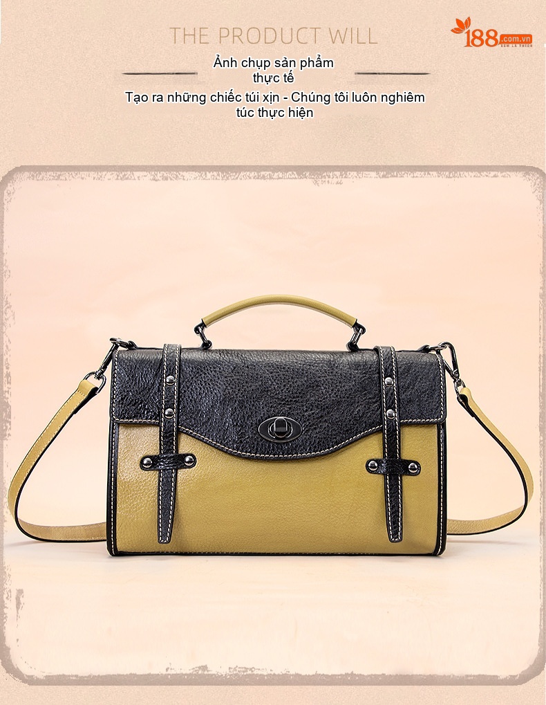 Túi Đeo Chéo Nữ Da Thật Vintage Form Hộp Lớn Đựng Vừa A4 Màu Đen, Vàng, Xanh Dương, Xanh Lá chi tiết 5