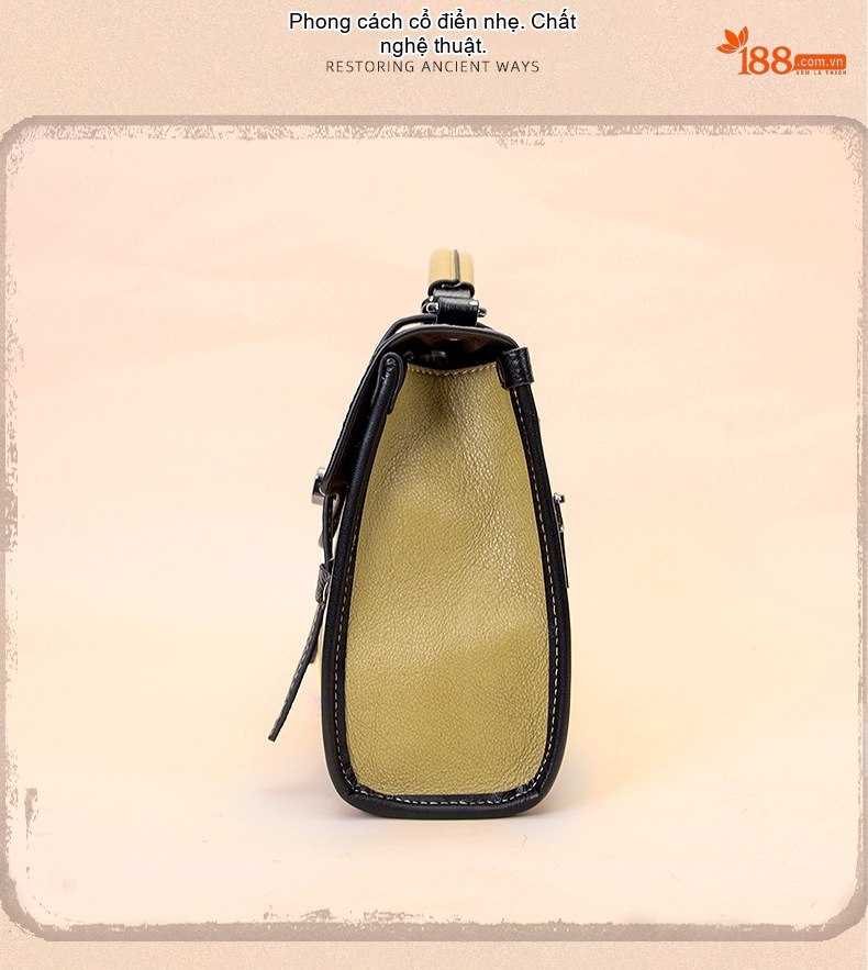 Túi Đeo Chéo Nữ Da Thật Vintage Form Hộp Lớn Đựng Vừa A4 Màu Đen, Vàng, Xanh Dương, Xanh Lá chi tiết 6
