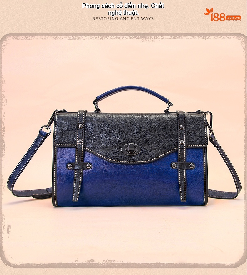 Túi Đeo Chéo Nữ Da Thật Vintage Form Hộp Lớn Đựng Vừa A4 Màu Đen, Vàng, Xanh Dương, Xanh Lá chi tiết 7